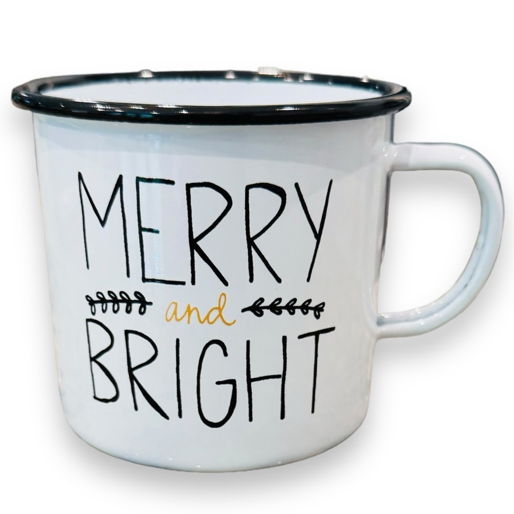 Enamel Campfire Style Christmas Mug - “Merry and Bright” Measures: 4"H (24oz)
